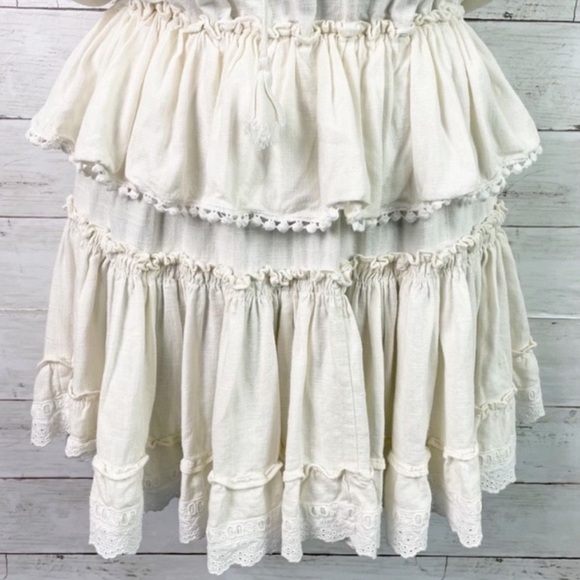 MISA Los Angeles Linen Popover Ruffle Tiered Mini Dress in Ivory Cream S - Picture 4 of 10